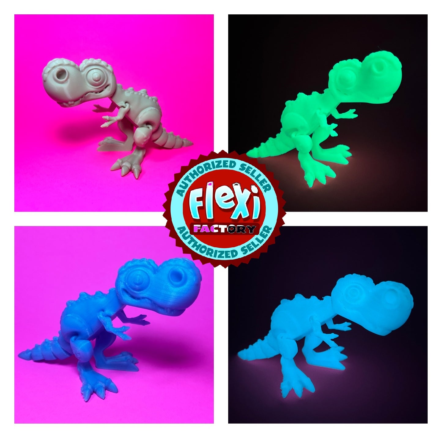 Flexi 3D Printed T-Rex Fossil Fidget Sensory Toy Desk Gift - Skeleton - Multicolor - Articulated Glow in the Dark - Flexi Factory