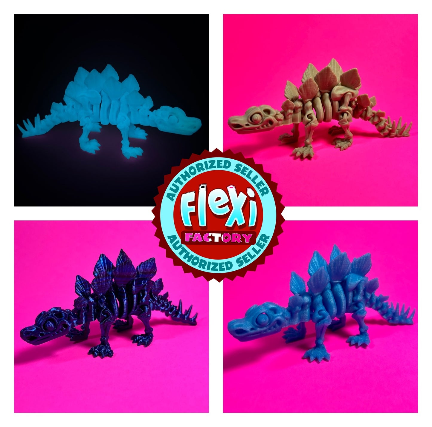 Flexi 3D Printed Stegosaurus Dinosaur Fossil Fidget Sensory Toy Desk Gift - Skeleton - Multicolor - Articulated Glow in the Dark - Flexi Factory