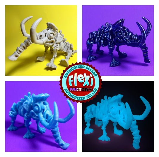 Flexi 3D Printed Woolly Mammoth Elephant Fossil Fidget Sensory Toy Desk Gift - Skeleton - Multicolor - Articulated Glow Blue - Flexi Factory