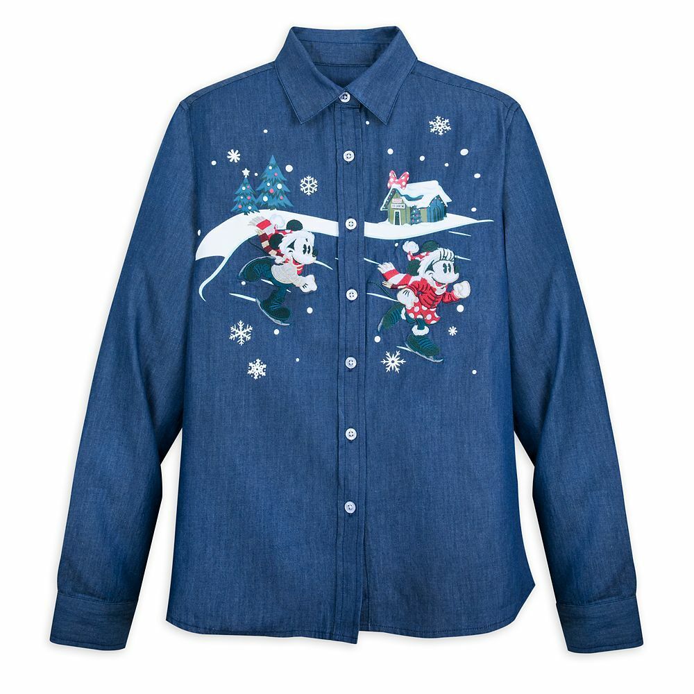 Mickey and Minnie Mouse Holiday Denim Longsleeve Shirt - For Adults Women