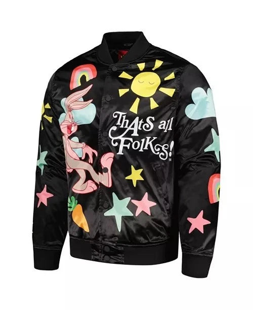 Bugs Bunny Looney Tunes Freeze Max Graphic Satin Full-Snap Jacket Black - Medium