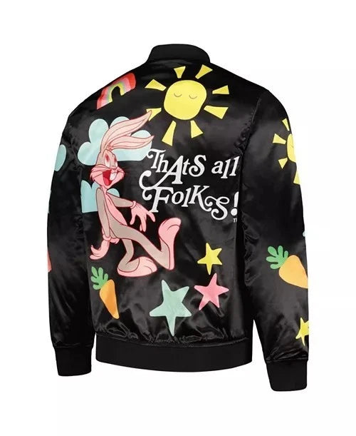 Bugs Bunny Looney Tunes Freeze Max Graphic Satin Full-Snap Jacket Black - Medium