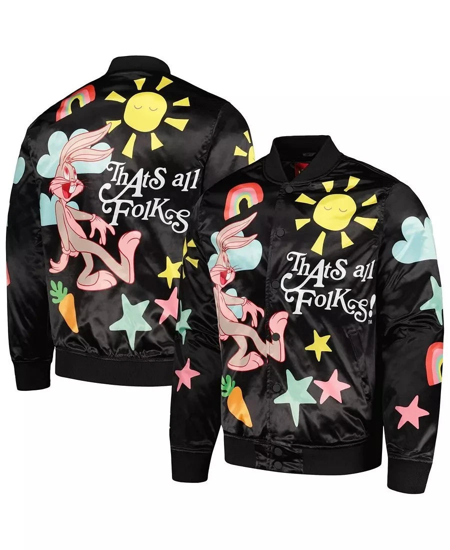 Bugs Bunny Looney Tunes Freeze Max Graphic Satin Full-Snap Jacket Black - Medium