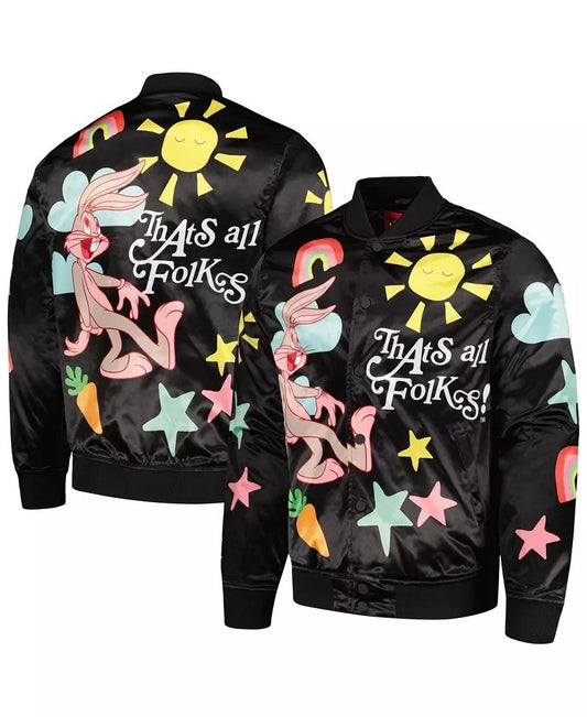 Bugs Bunny Looney Tunes Freeze Max Graphic Satin Full-Snap Jacket Black - Medium