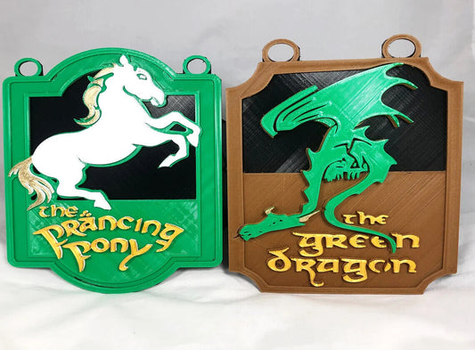 3D Lord of the Rings Inspired Prancing Pony & Green Dragon Wall Sign Post 2pc Set